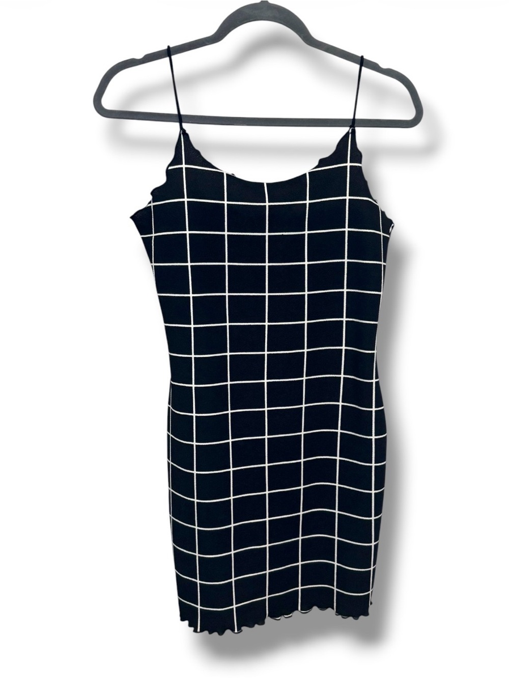Shein Black White Grid Windowpane Cami Bodycon Slip Dress Lettuce Trim Size L